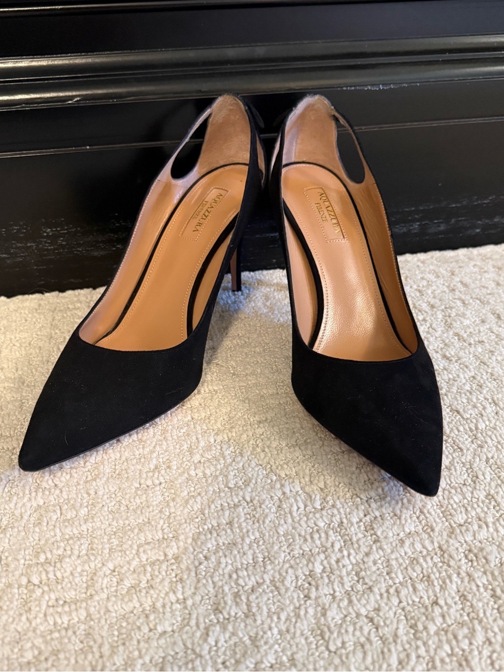 Aquazzura Black Suede Tassel Heels Pointed Toe Pumps Size 39